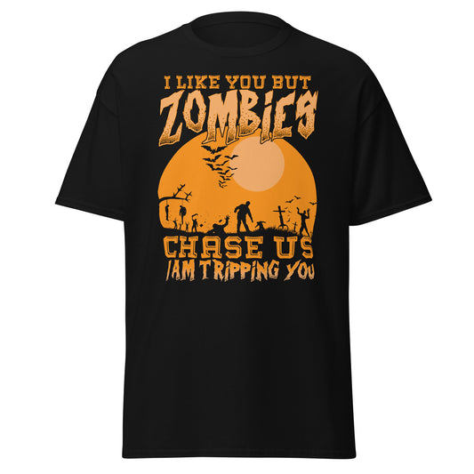 ME GUSTA PERO LOS ZOMBIES NOS PERSIGUEN TE ESTOY TROPIEANDO, camiseta de estilo suave de Halloween