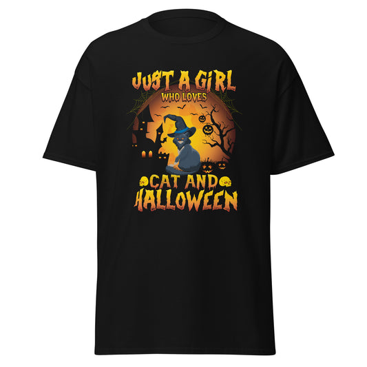 Nur ein Mädchen, das Katzen und Halloween liebt, weiches T-Shirt aus schwerer Baumwolle im Halloween-Design