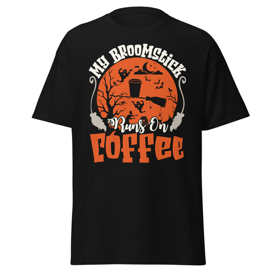 Mein Besenstiel läuft auf Kaffee, Halloween-Design, weiches T-Shirt aus schwerer Baumwolle