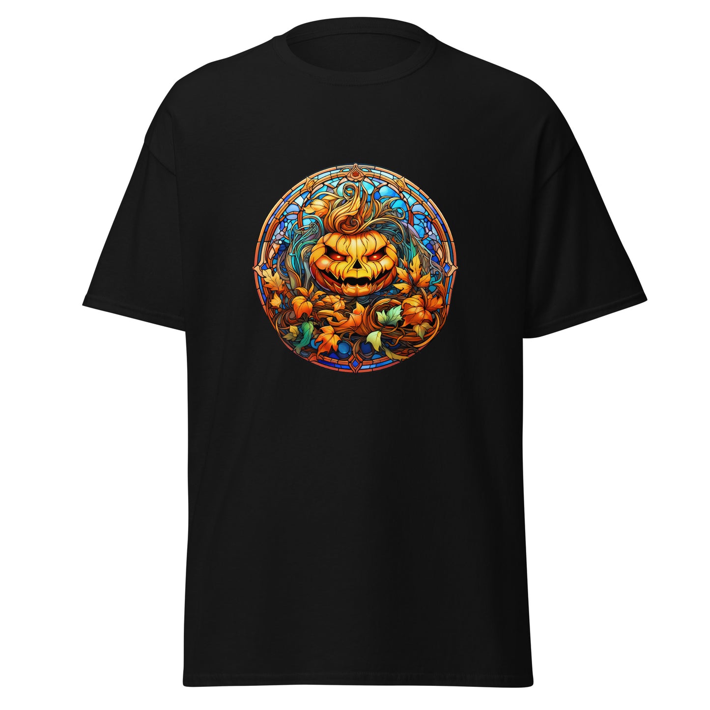 Buntglas-Halloween-Kürbis, Halloween-Design, weicher Stil, schweres Baumwoll-T-Shirt