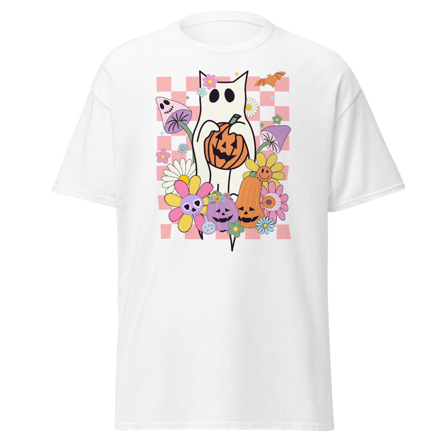 Feline Spirits Unleashed Style Tee - Ghost Cat Checkered - Halloween