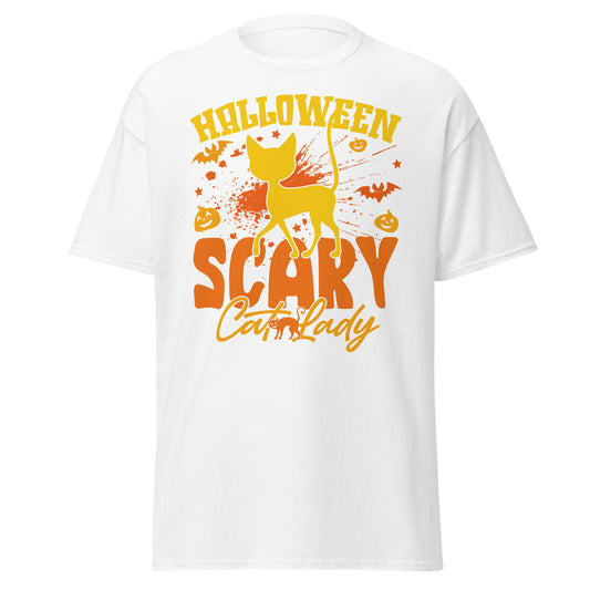 Gruselige Katzendame, Halloween-Design, weiches T-Shirt aus schwerer Baumwolle