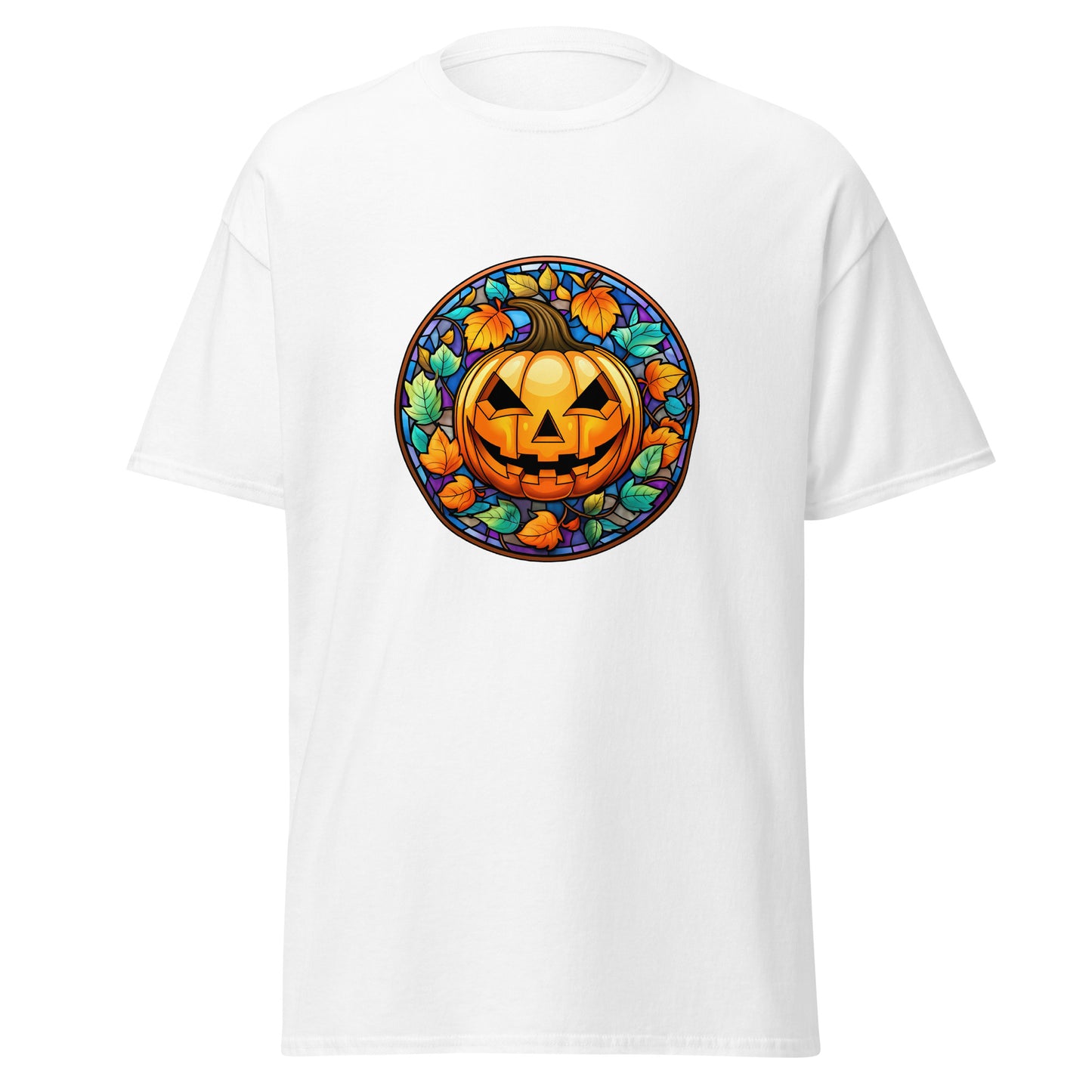 Buntglas-Halloween-Kürbis, Halloween-Design, weicher Stil, schweres Baumwoll-T-Shirt