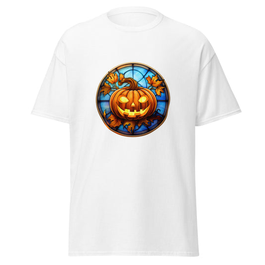 Vidrieras Calabaza de Halloween, Diseño de Halloween Camiseta de algodón pesado de estilo suave