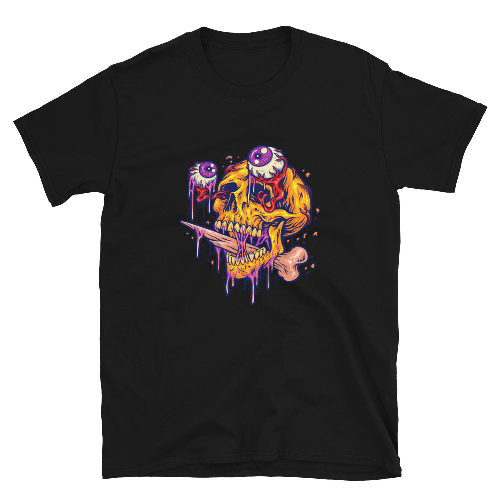 Gruseliger Totenkopfkopf mit Zombieaugen. Passgenaues Unisex-Softstyle-T-Shirt