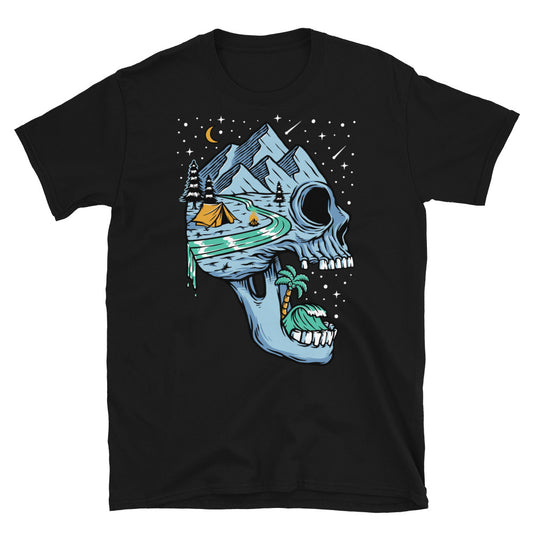 Berg und Strand auf Totenkopfinsel bei Nacht Fit Unisex Softstyle T-Shirt