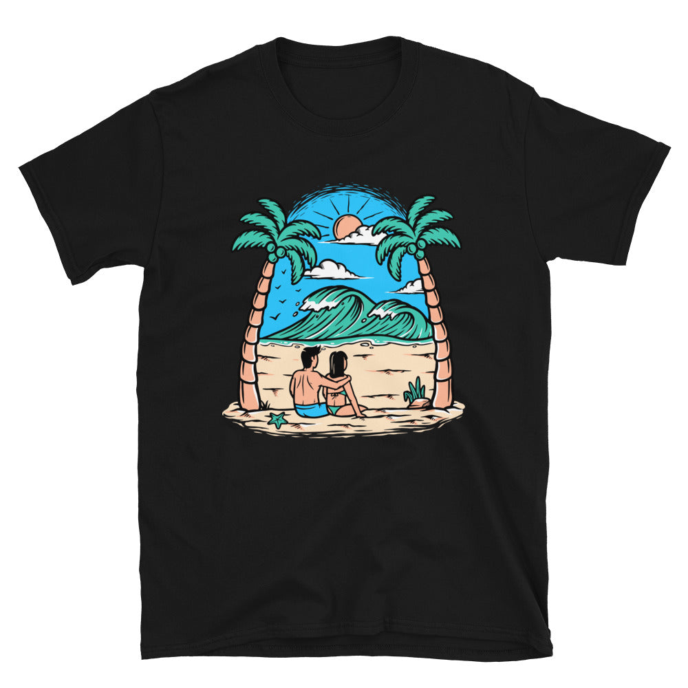 Pareja joven en la playa Fit Unisex Softstyle camiseta