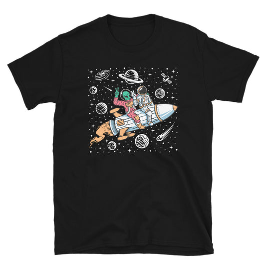 Astronaut and Alien Rides a rocket - Fit Unisex Softstyle T-Shirt