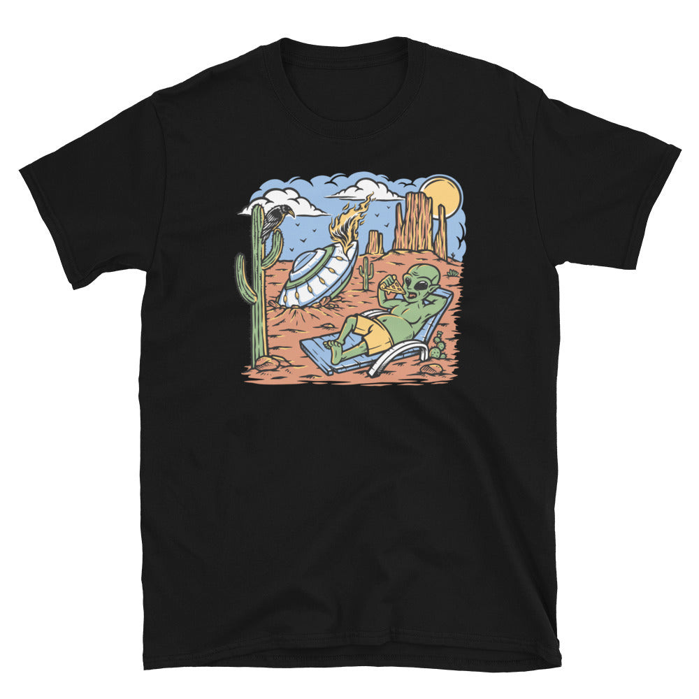 Alien Stranded in Desert with a Pizza - Fit Unisex Softstyle T-Shirt