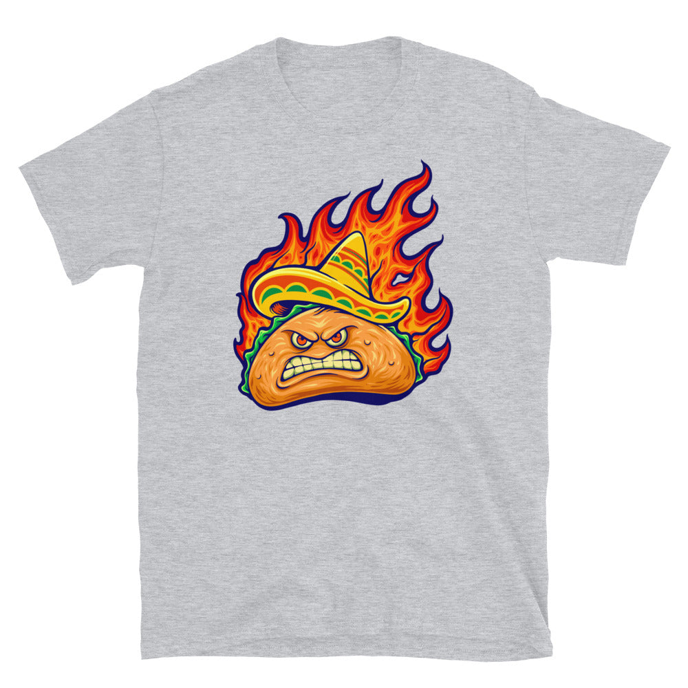 Angry delicious mexican taco with blazing fire, Fit Unisex Softstyle T-Shirt