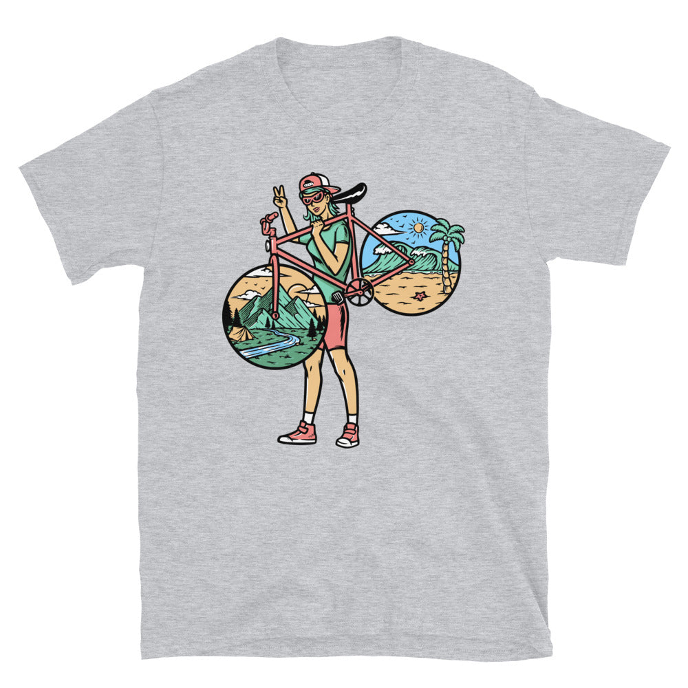 Beautiful Woman and Her Bike - Fit Unisex Softstyle T-Shirt