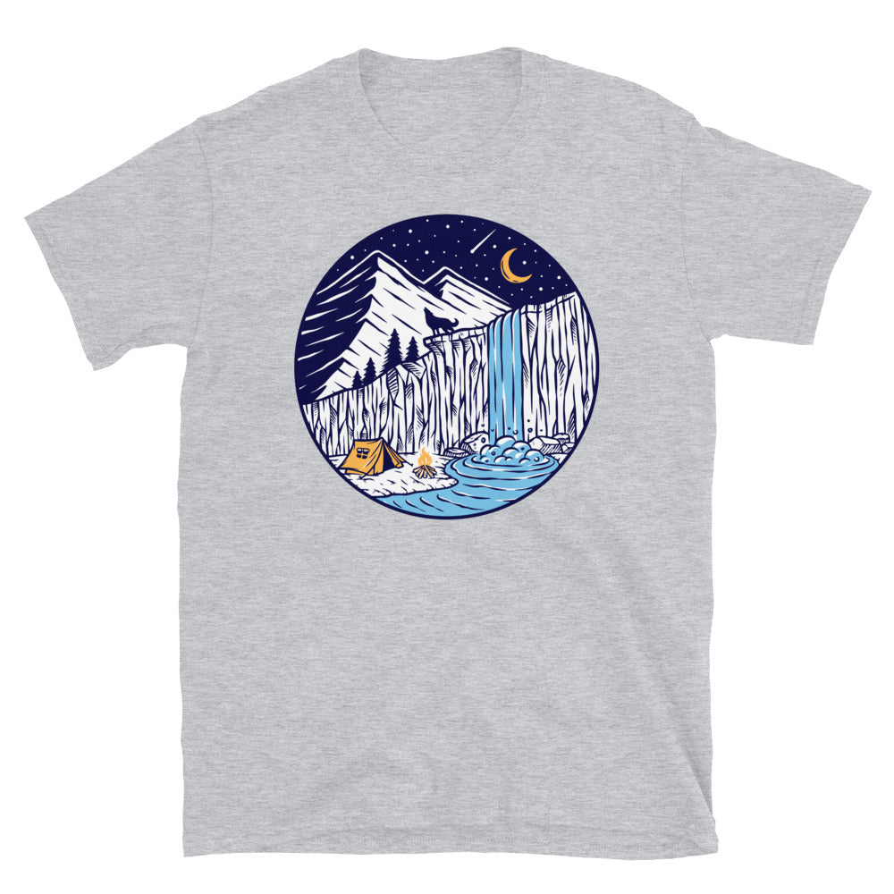 Camping Near a Waterfall - Fit Unisex Softstyle T-Shirt