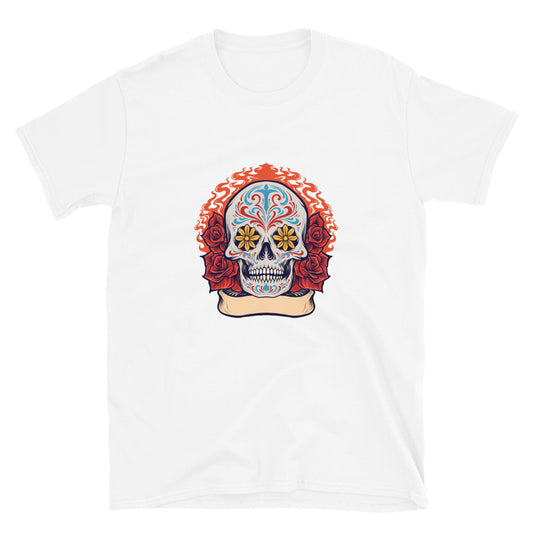 Sugar Skull Dia De Los Muertos with Roses Fit Unisex Softstyle T-Shirt