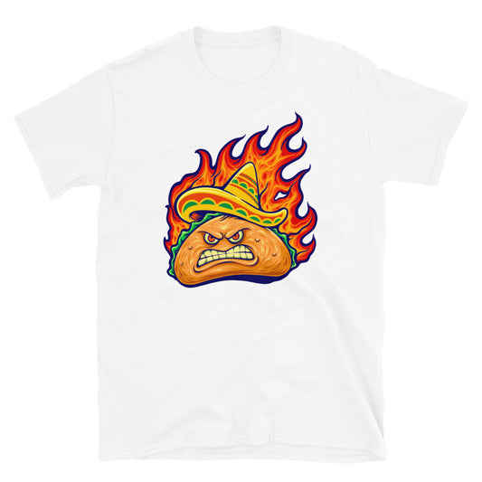 Angry delicious mexican taco with blazing fire, Fit Unisex Softstyle T-Shirt