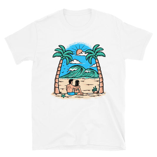 Pareja joven en la playa Fit Unisex Softstyle camiseta