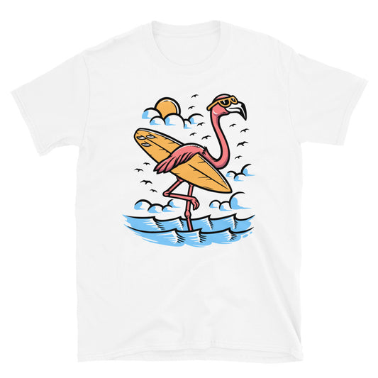 Surfer flamingo on the beach Fit Unisex Softstyle T-Shirt